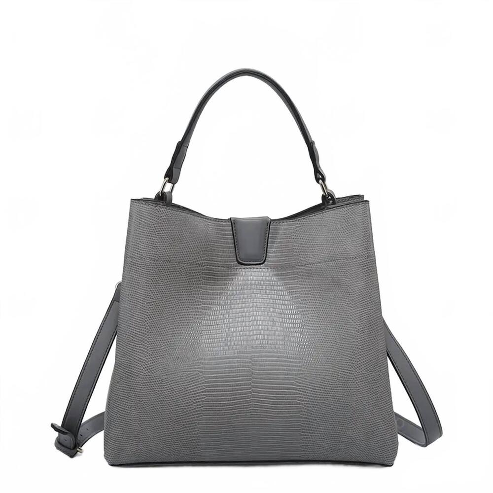 NEW JEN & CO. women's tati lizard monogrammable satchel bag in grey